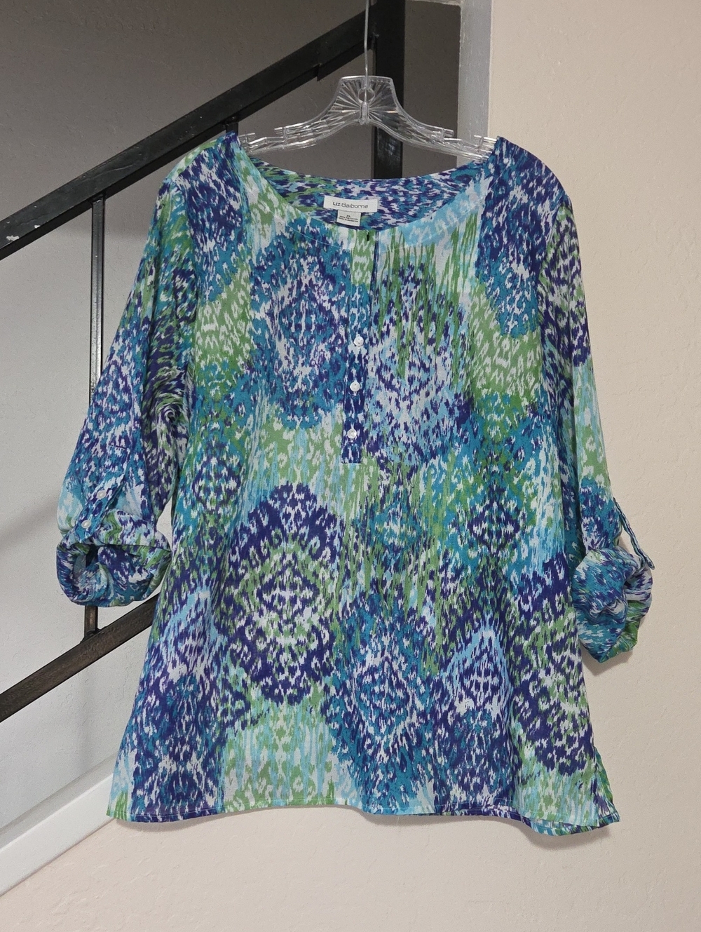 Liz Claiborne Blue and Green Ikat-Print Tunic Top Size XL